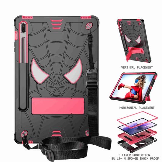 For Samsung Galaxy Tab S7 FE / S7+ / S8+ Spider Texture Silicone Hybrid PC Tablet Case with Shoulder Strap(Black + Rose Red) by buy2fix