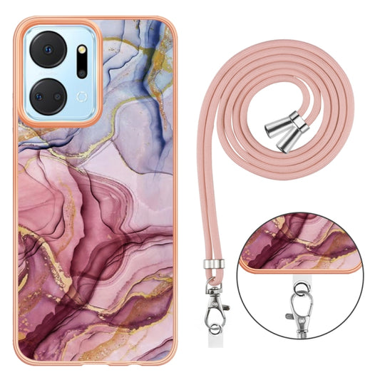 For Honor X7a Electroplating Marble Dual-side IMD Phone Case with Lanyard(Rose Red 014) by buy2fix