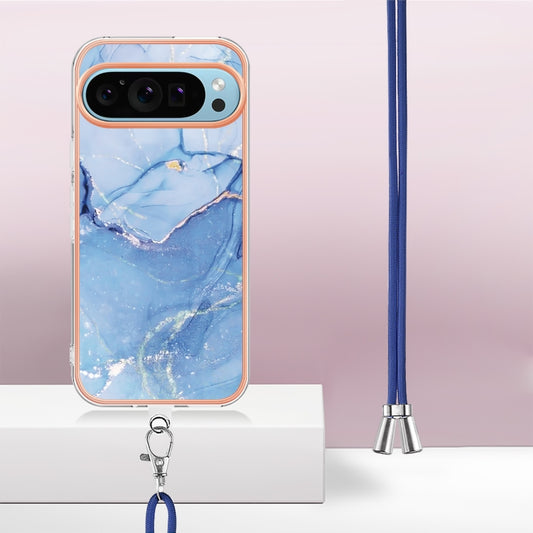 For Google Pixel 9 / 9 Pro Electroplating Marble Dual-side IMD Phone Case with Lanyard(Blue 018) by buy2fix