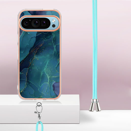 For Google Pixel 9 / 9 Pro Electroplating Marble Dual-side IMD Phone Case with Lanyard(Green 017) by buy2fix