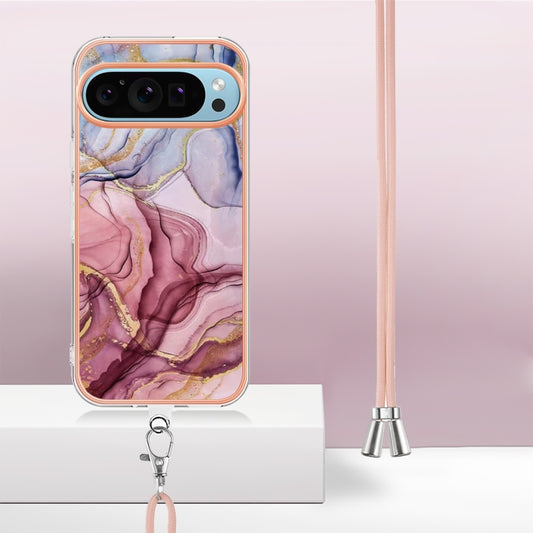 For Google Pixel 9 Pro XL Electroplating Marble Dual-side IMD Phone Case with Lanyard(Rose Red 014) by buy2fix