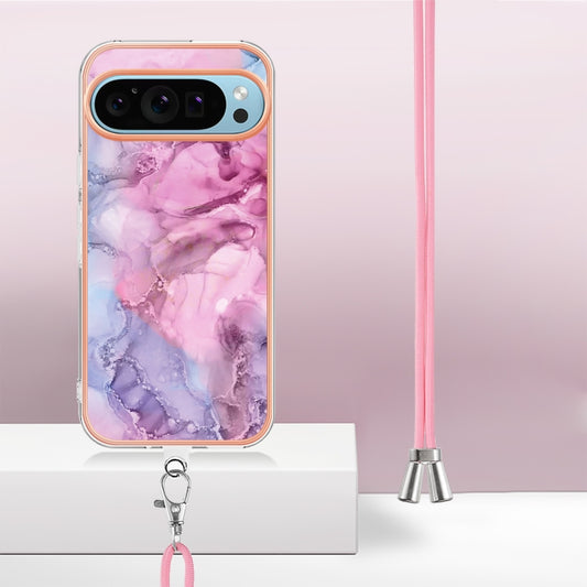 For Google Pixel 9 Pro XL Electroplating Marble Dual-side IMD Phone Case with Lanyard(Pink 013) by buy2fix