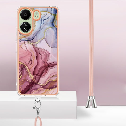 For Xiaomi Redmi 13C 4G Electroplating Marble Dual-side IMD Phone Case with Lanyard(Rose Red 014) by buy2fix