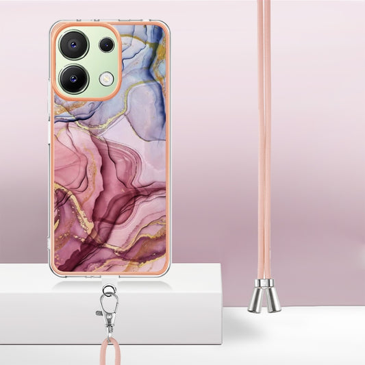 For Xiaomi Redmi Note 13 4G Global Electroplating Marble Dual-side IMD Phone Case with Lanyard(Rose Red 014) by buy2fix