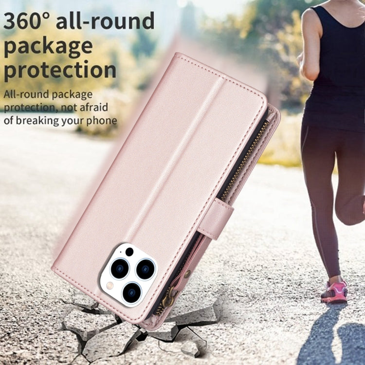 For iPhone 16 Pro Max 9 Card Slots Zipper Wallet Leather Flip Phone Case(Rose Gold) by buy2fix