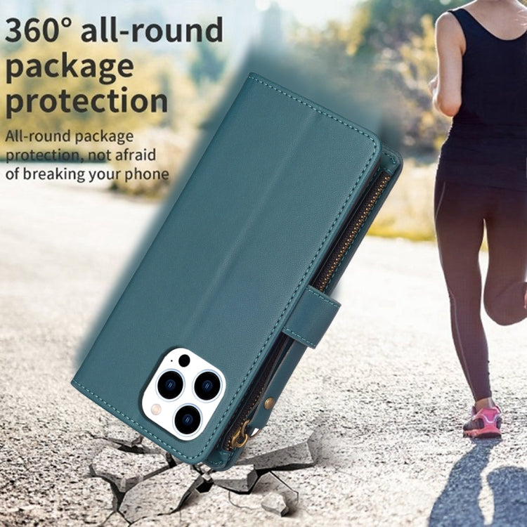 For iPhone 16 Pro 9 Card Slots Zipper Wallet Leather Flip Phone Case(Green) by buy2fix