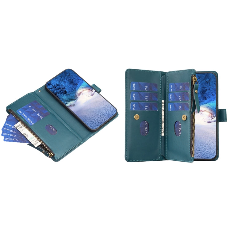 For iPhone 16 9 Card Slots Zipper Wallet Leather Flip Phone Case(Green) by buy2fix