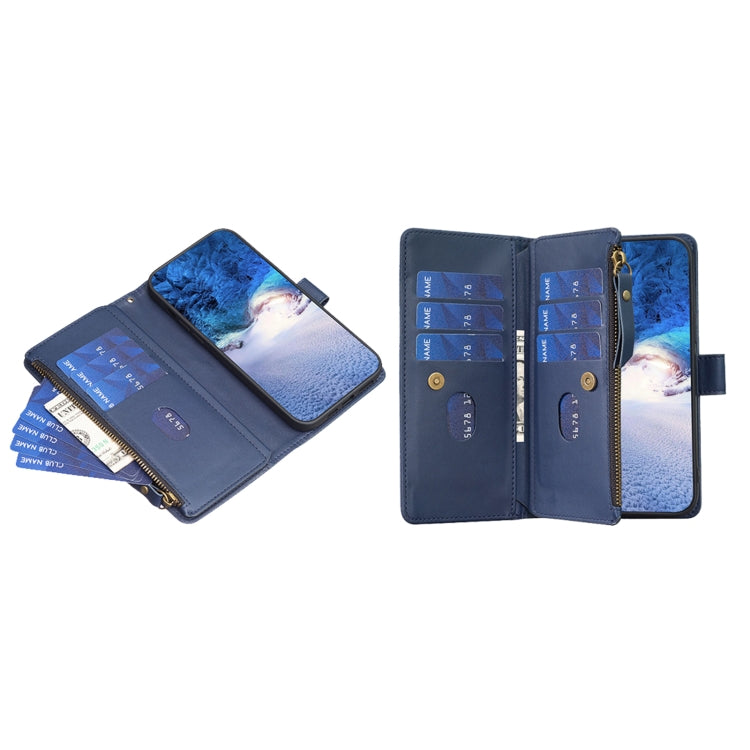 For iPhone 16 9 Card Slots Zipper Wallet Leather Flip Phone Case(Blue) by buy2fix