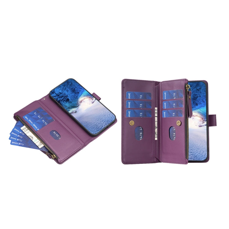 For iPhone 16 9 Card Slots Zipper Wallet Leather Flip Phone Case(Dark Purple) by buy2fix