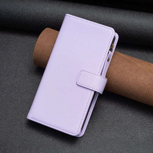 For iPhone 16 9 Card Slots Zipper Wallet Leather Flip Phone Case(Light Purple) by buy2fix