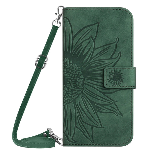 For iPhone 16e Skin Feel Sun Flower Embossed Flip Leather Phone Case with Lanyard(Green) by buy2fix