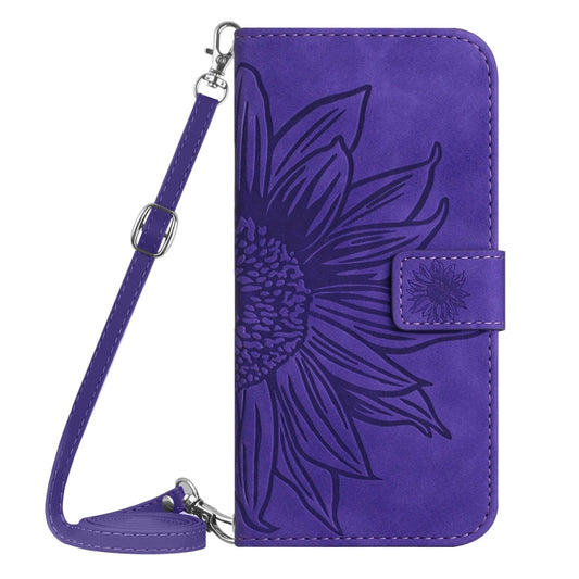 For iPhone 16e Skin Feel Sun Flower Embossed Flip Leather Phone Case with Lanyard(Dark Purple) by buy2fix