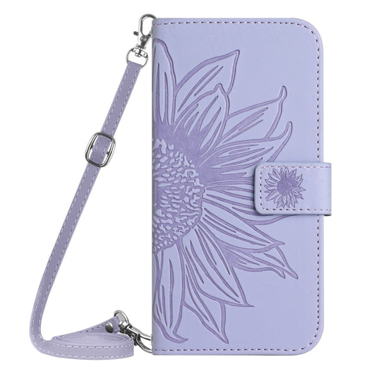 For iPhone 16 Pro Skin Feel Sun Flower Embossed Flip Leather Phone Case with Lanyard(Purple) by buy2fix