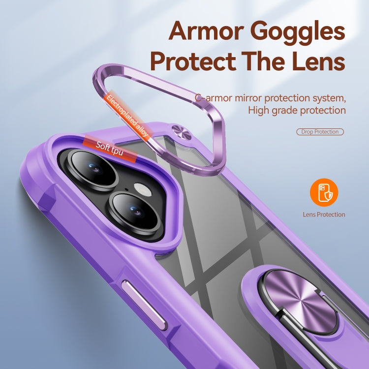 For iPhone 16 TPU + PC Lens Protection Phone Case with Ring Holder(Purple) by buy2fix