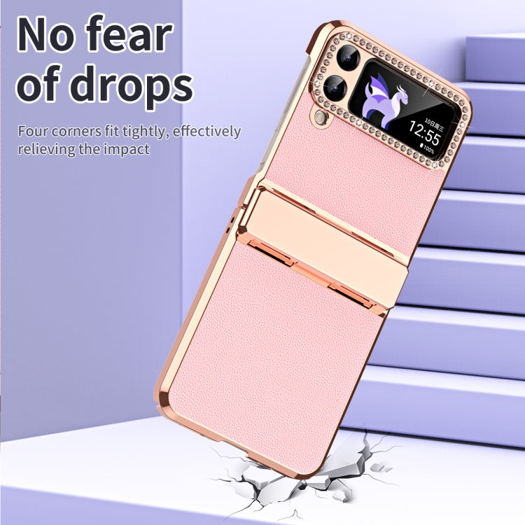 For Samsung Galaxy Z Flip4 5G Plated Plain Leather Folding Phone Case with Hinge(Pink) - Galaxy Z Flip4 5G Cases by buy2fix | Online Shopping UK | buy2fix