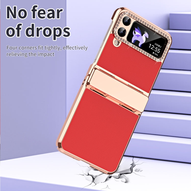 For Samsung Galaxy Z Flip3 5G Plated Plain Leather Folding Phone Case with Hinge(Red) - Galaxy Phone Cases by buy2fix | Online Shopping UK | buy2fix