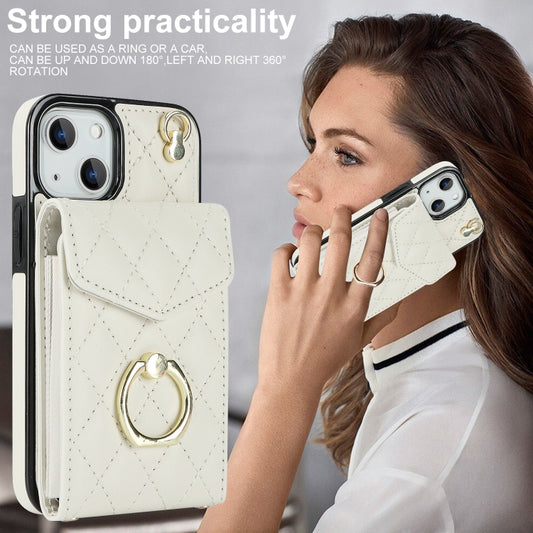 For iPhone 14 Rhombic Texture Card Bag Phone Case with Long Lanyard(White) - iPhone 14 Cases by buy2fix | Online Shopping UK | buy2fix