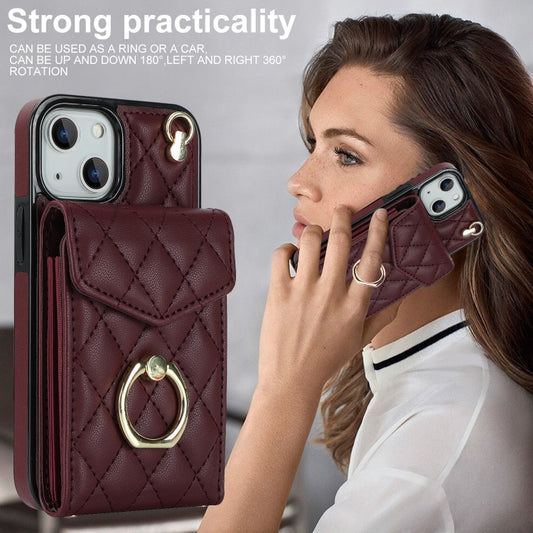 For iPhone 14 Rhombic Texture Card Bag Phone Case with Long Lanyard(Wine Red) - iPhone 14 Cases by buy2fix | Online Shopping UK | buy2fix