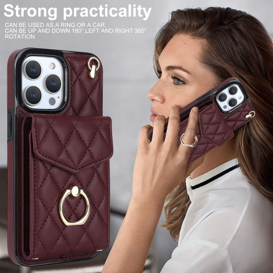 For iPhone 14 Pro Rhombic Texture Card Bag Phone Case with Long Lanyard(Wine Red) - iPhone 14 Pro Cases by buy2fix | Online Shopping UK | buy2fix