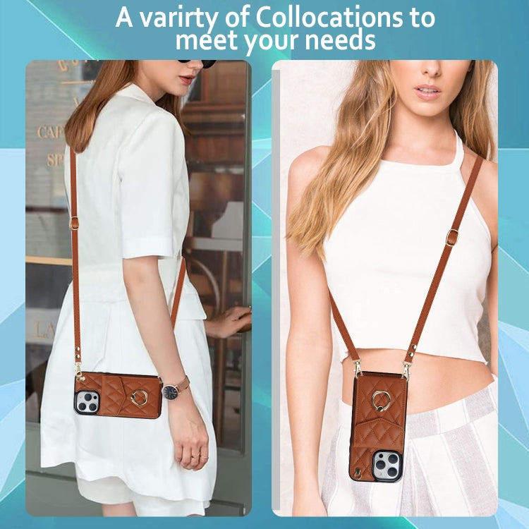 For iPhone 13 Pro Rhombic Texture Card Bag Phone Case with Long Lanyard(Brown) - iPhone 13 Pro Cases by buy2fix | Online Shopping UK | buy2fix