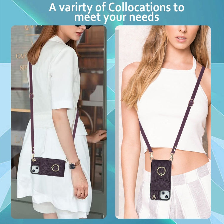 For iPhone 13 Rhombic Texture Card Bag Phone Case with Long Lanyard(Dark Purple) - iPhone 13 Cases by buy2fix | Online Shopping UK | buy2fix