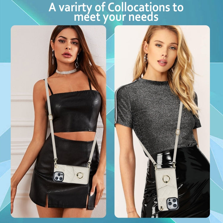 For iPhone 12 / 12 Pro Rhombic Texture Card Bag Phone Case with Long Lanyard(White) - iPhone 12 / 12 Pro Cases by buy2fix | Online Shopping UK | buy2fix