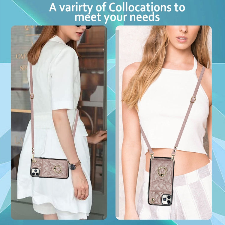 For iPhone 11 Pro Max Rhombic Texture Card Bag Phone Case with Long Lanyard(Rose Gold) - iPhone 11 Pro Max Cases by buy2fix | Online Shopping UK | buy2fix
