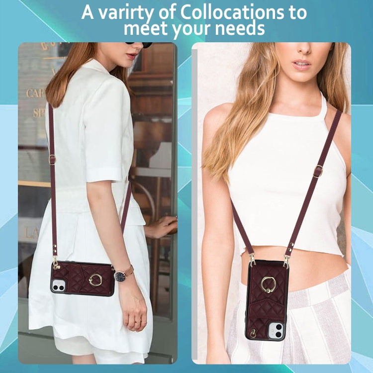 For iPhone 11 Rhombic Texture Card Bag Phone Case with Long Lanyard(Wine Red) - iPhone 11 Cases by buy2fix | Online Shopping UK | buy2fix