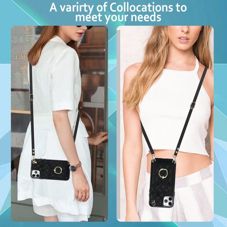 For iPhone 11 Pro Rhombic Texture Card Bag Phone Case with Long Lanyard(Black) - iPhone 11 Pro Cases by buy2fix | Online Shopping UK | buy2fix