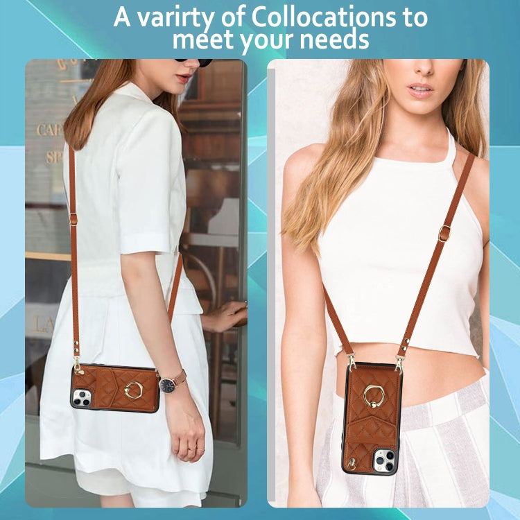For iPhone 11 Pro Rhombic Texture Card Bag Phone Case with Long Lanyard(Brown) - iPhone 11 Pro Cases by buy2fix | Online Shopping UK | buy2fix