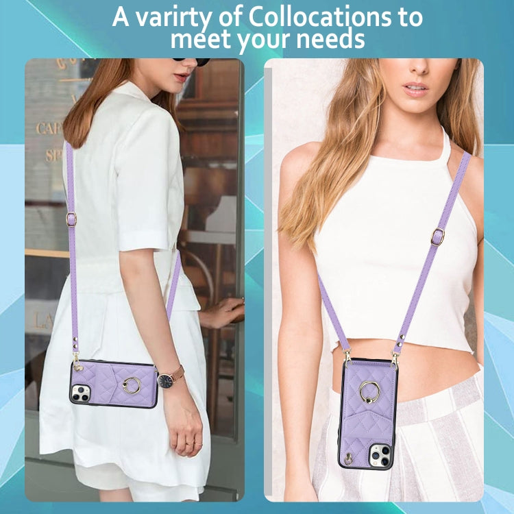 For iPhone 11 Pro Rhombic Texture Card Bag Phone Case with Long Lanyard(Light Purple) - iPhone 11 Pro Cases by buy2fix | Online Shopping UK | buy2fix