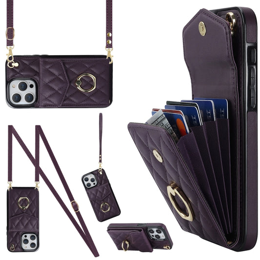 For iPhone 15 Rhombic Texture Card Bag Phone Case with Long Lanyard(Dark Purple) - iPhone 15 Cases by buy2fix | Online Shopping UK | buy2fix