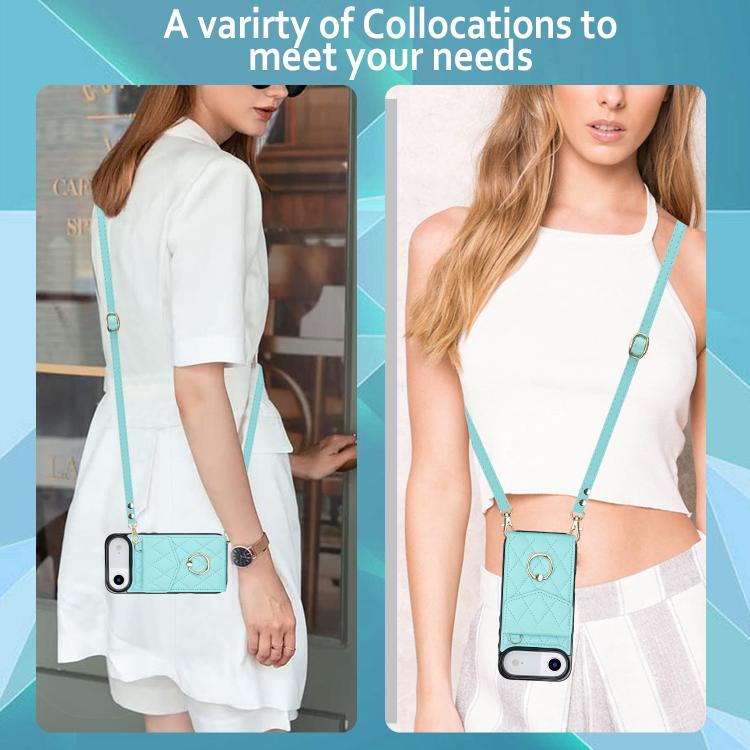 For iPhone Air Rhombic Texture Card Bag Phone Case with Long Lanyard(Mint Green) - iPhone Air Cases by buy2fix | Online Shopping UK | buy2fix