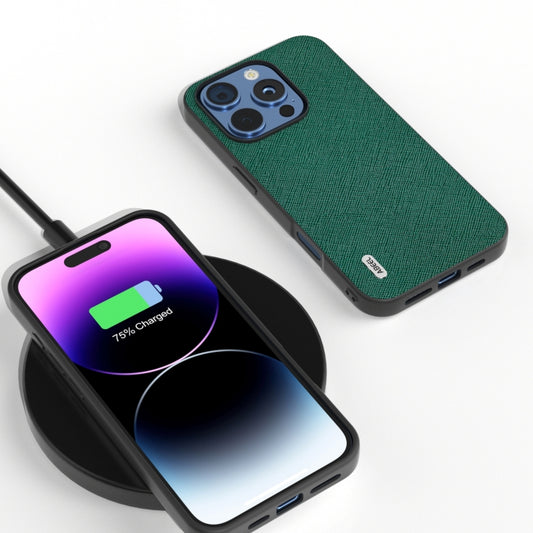 For iPhone 16 Pro Max ABEEL Cross Texture Genuine Leather Phone Case(Green) by buy2fix