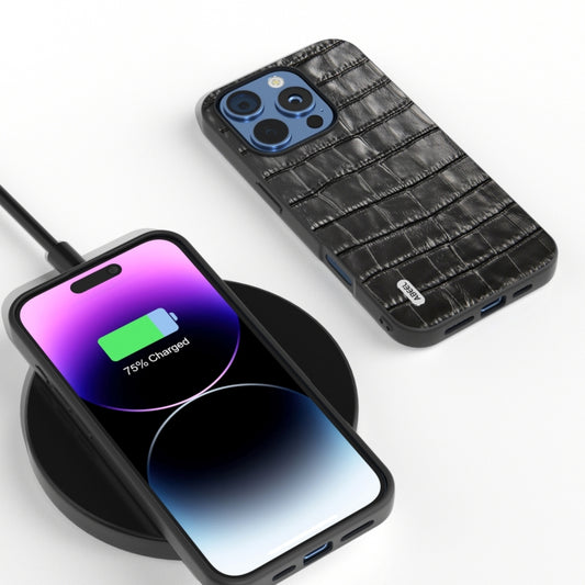 For iPhone 16 Pro Max ABEEL Crocodile Texture Genuine Leather Phone Case(Black) by buy2fix