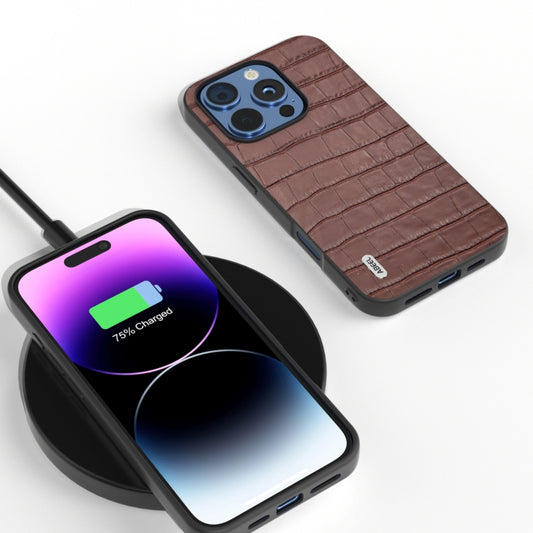 For iPhone 16 Pro Max ABEEL Crocodile Texture Genuine Leather Phone Case(Brown) by buy2fix