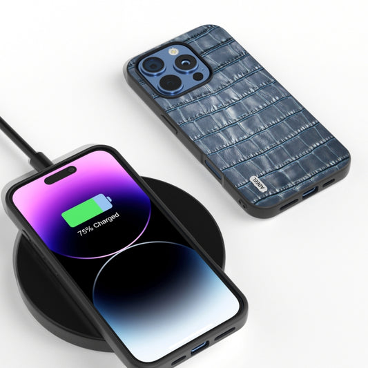 For iPhone 16 Pro ABEEL Crocodile Texture Genuine Leather Phone Case(Blue) by buy2fix