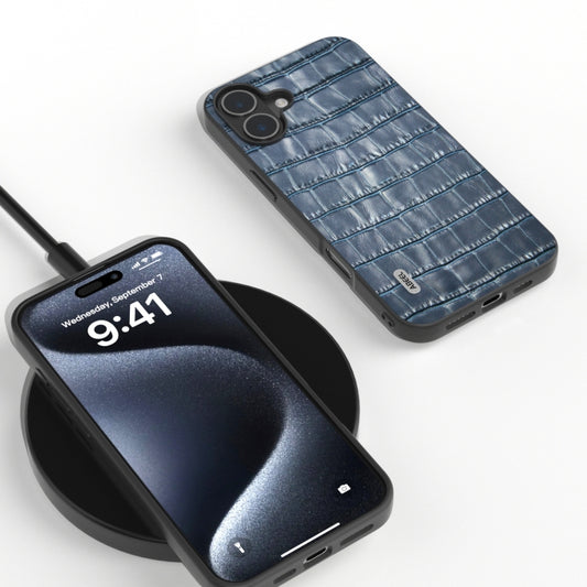 For iPhone 16 Plus ABEEL Crocodile Texture Genuine Leather Phone Case(Blue) by buy2fix