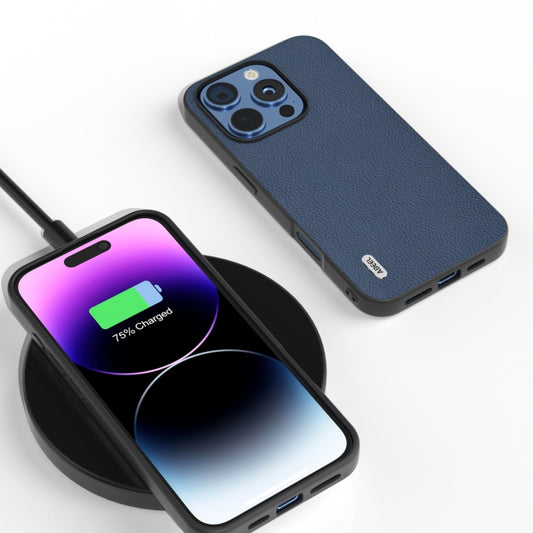 For iPhone 16 Pro ABEEL Genuine Leather + PC Litchi Texture Phone Case(Blue) by buy2fix