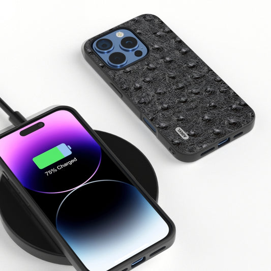 For iPhone 16 Pro ABEEL Genuine Leather Ostrich Texture Phone Case(Black) by buy2fix