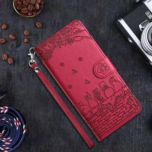 For iPhone 16e Cat Embossing Pattern Leather Phone Case with Lanyard(Red) by buy2fix