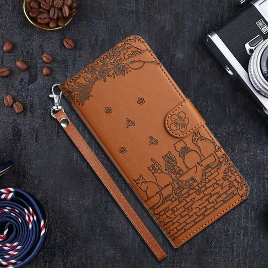 For iPhone 16 Cat Embossing Pattern Leather Phone Case with Lanyard(Brown) by buy2fix