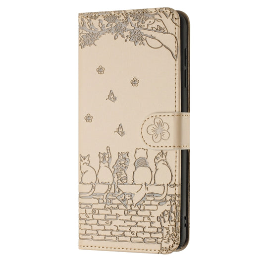 For Xiaomi Redmi Note 13 Pro+ Cat Embossing Pattern Leather Phone Case with Lanyard(Beige) by buy2fix