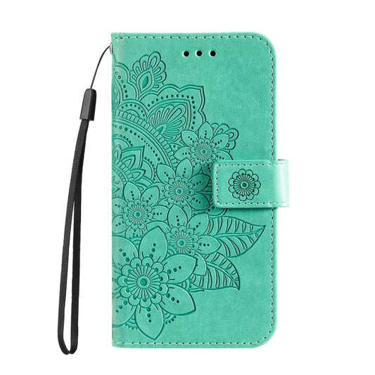 For iPhone 16 Seven-petal Flowers Embossing Leather Phone Case(Green) by buy2fix