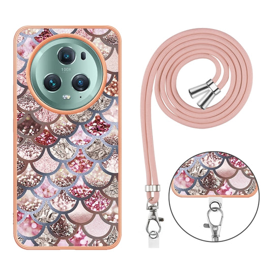 For Honor Magic5 Pro Electroplating IMD TPU Phone Case with Lanyard(Pink Scales) by buy2fix