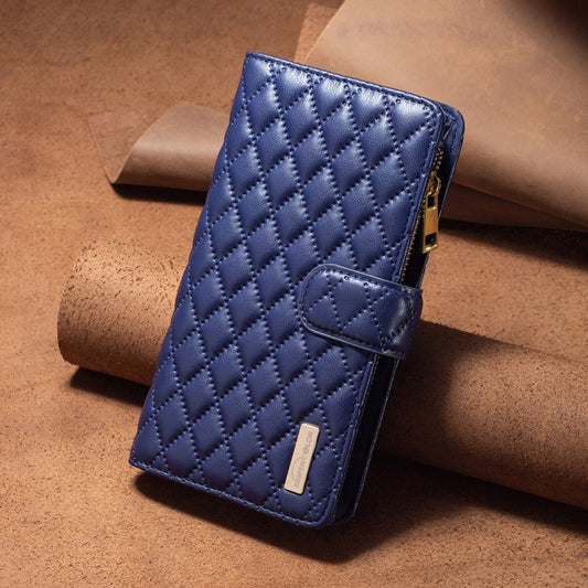 For iPhone 16 Pro Diamond Lattice Zipper Wallet Leather Flip Phone Case(Blue) by buy2fix