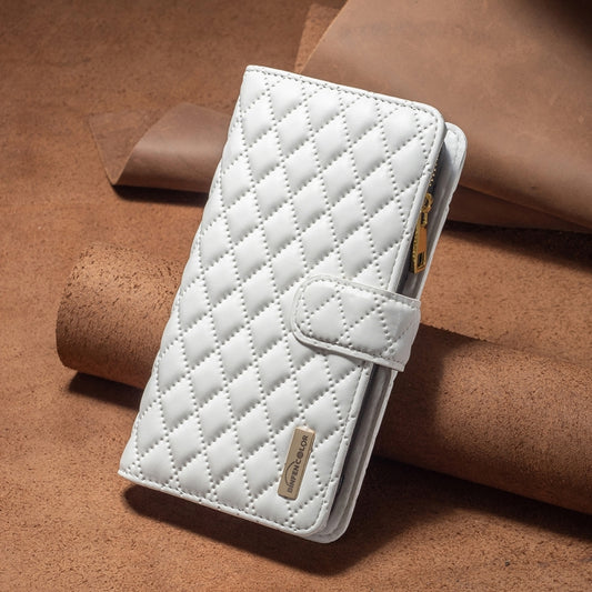 For iPhone 16 Pro Diamond Lattice Zipper Wallet Leather Flip Phone Case(White) by buy2fix