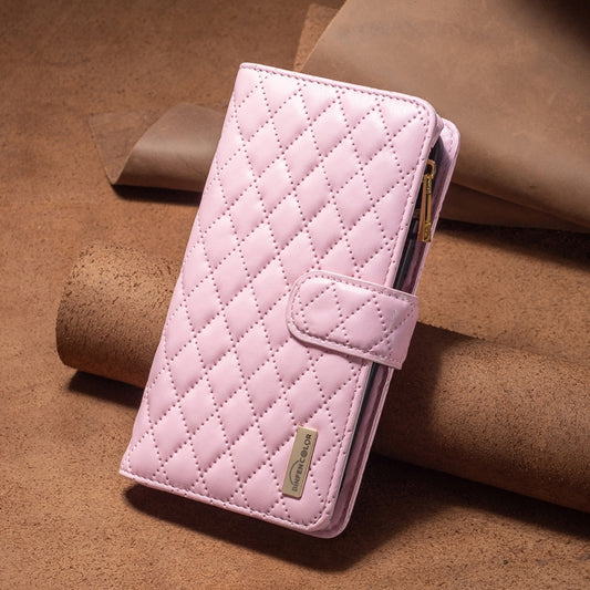 For iPhone 16 Plus Diamond Lattice Zipper Wallet Leather Flip Phone Case(Pink) by buy2fix