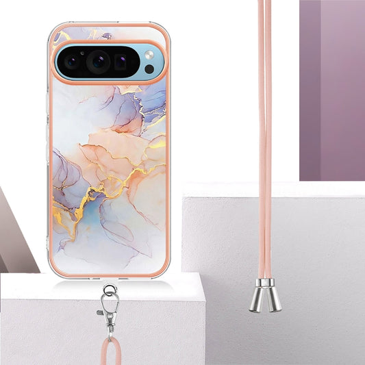 For Google Pixel 9 / 9 Pro Electroplating IMD TPU Phone Case with Lanyard(White Marble) by buy2fix