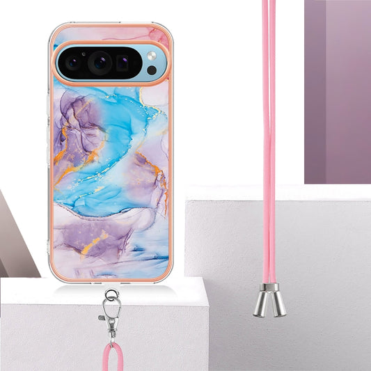 For Google Pixel 9 / 9 Pro Electroplating IMD TPU Phone Case with Lanyard(Blue Marble) by buy2fix